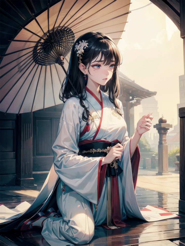absurdres, RAW photo, extremely delicate and beautiful, masterpiece, Best Quality, ultra high resolution, 32k, hyperrealistic, ultra-detailed, delicate facial features, beautiful detailed woman, tearful mole, earring, medium breasts, (full body shot), medium hair, black hair, Hanfu, oil-paper_Umbrella,