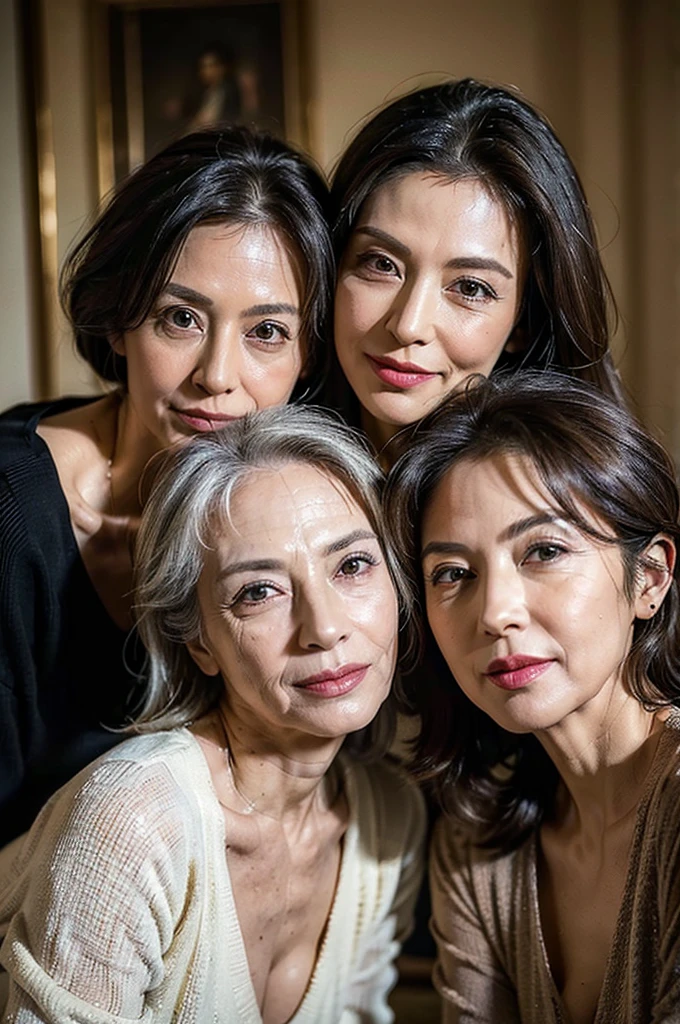 (masterpiece : 1.5), (super detailed : 1.5), (realistic : 1.5), (3 woman : 1.5), (beautiful 3 mature woman are taking photo together), (63 years old : 1.3), (wrinkles on her face : 1.1), (gentle smile), (Each has a different hairstyle), (Each has a different casual clothes), (Each has a different posing), living room,