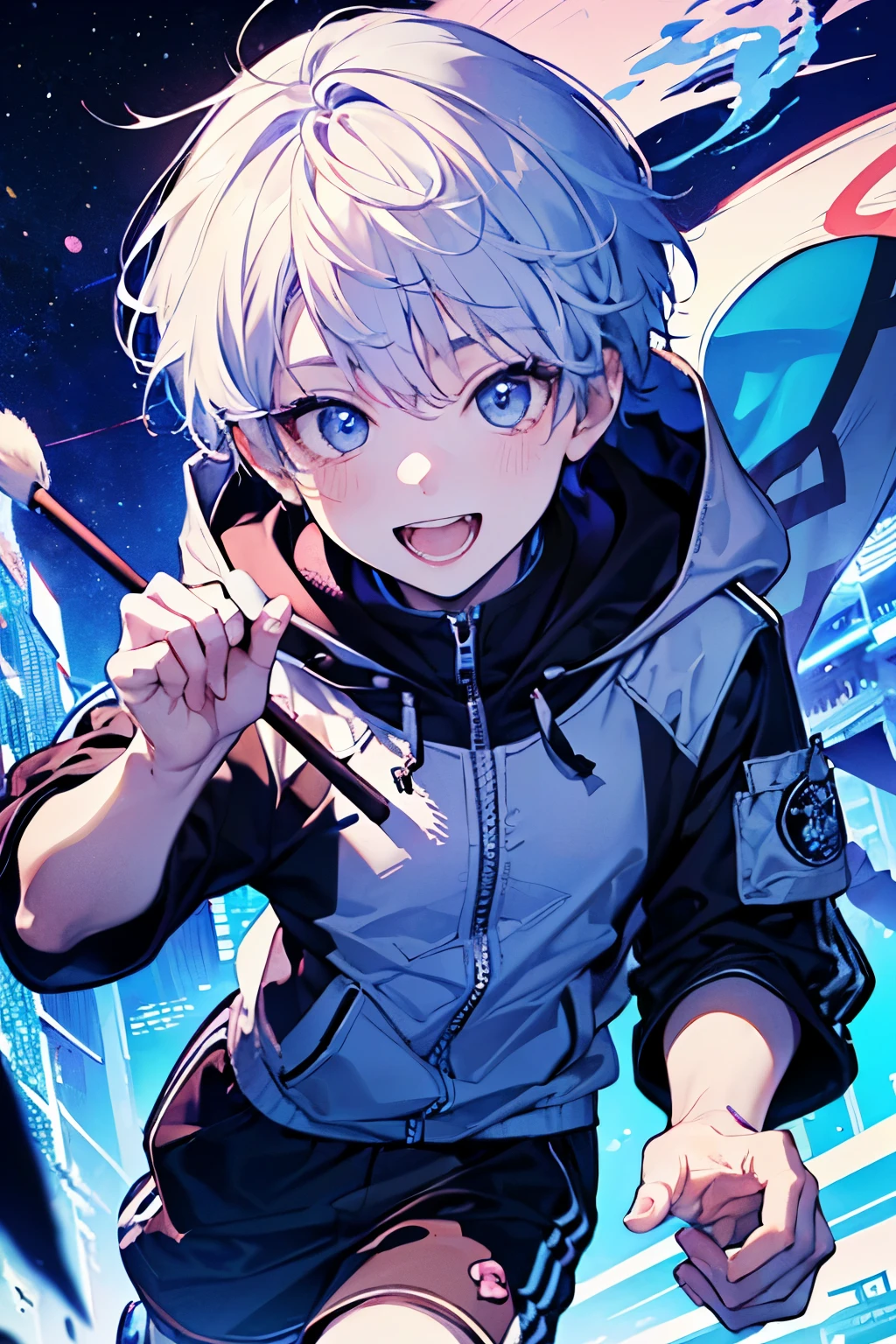(brush),((cute,kawaii,wonderland)),(A big smile),((boy,Shota,juvenile:1.2)),((Near future city:1.25)),((Hooded、Running appearance:1.15)),Angle from below,Angle of incitement,((Stroll along the stardust road)),(Short Hair:1.3),Close-up of face.