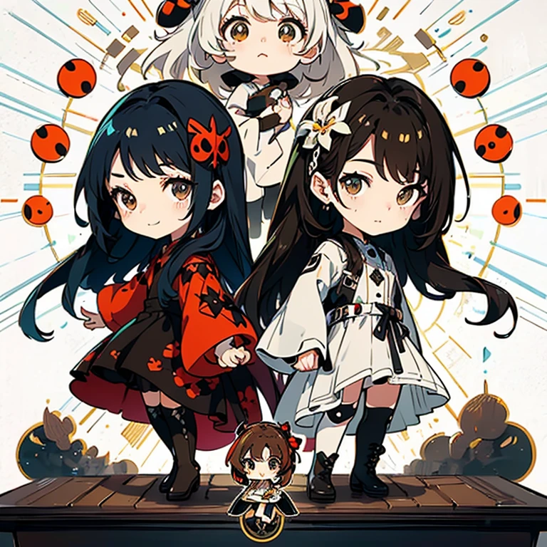 a character with long brown hair and bangs, golden eyes and wearing a childess and brown boots, different angles, in the style of Miraculous Ladybug, character sheet, white background --ar 4:2, character poses,masterpiece、top-quality、ultra-detailliert、(Chibi Chara musicians:1.2)、(Artist Photography Flavor Images:1.2)、band vocals、