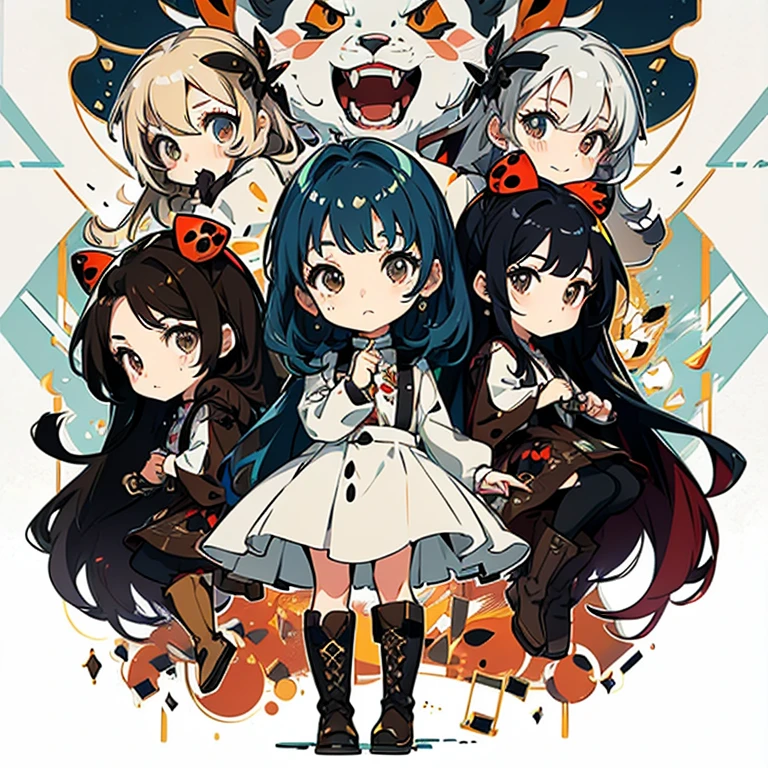 a child character with long brown hair and bangs, golden eyes and wearing a child's dress and brown boots, different angles, in the style of Miraculous Ladybug, character sheet, white background --ar 4:2, character poses，​masterpiece、top-quality、ultra-detailliert、(Chibi Chara　musicians:1.2)、(Artist Photography Flavor Images:1.2)、band vocals、