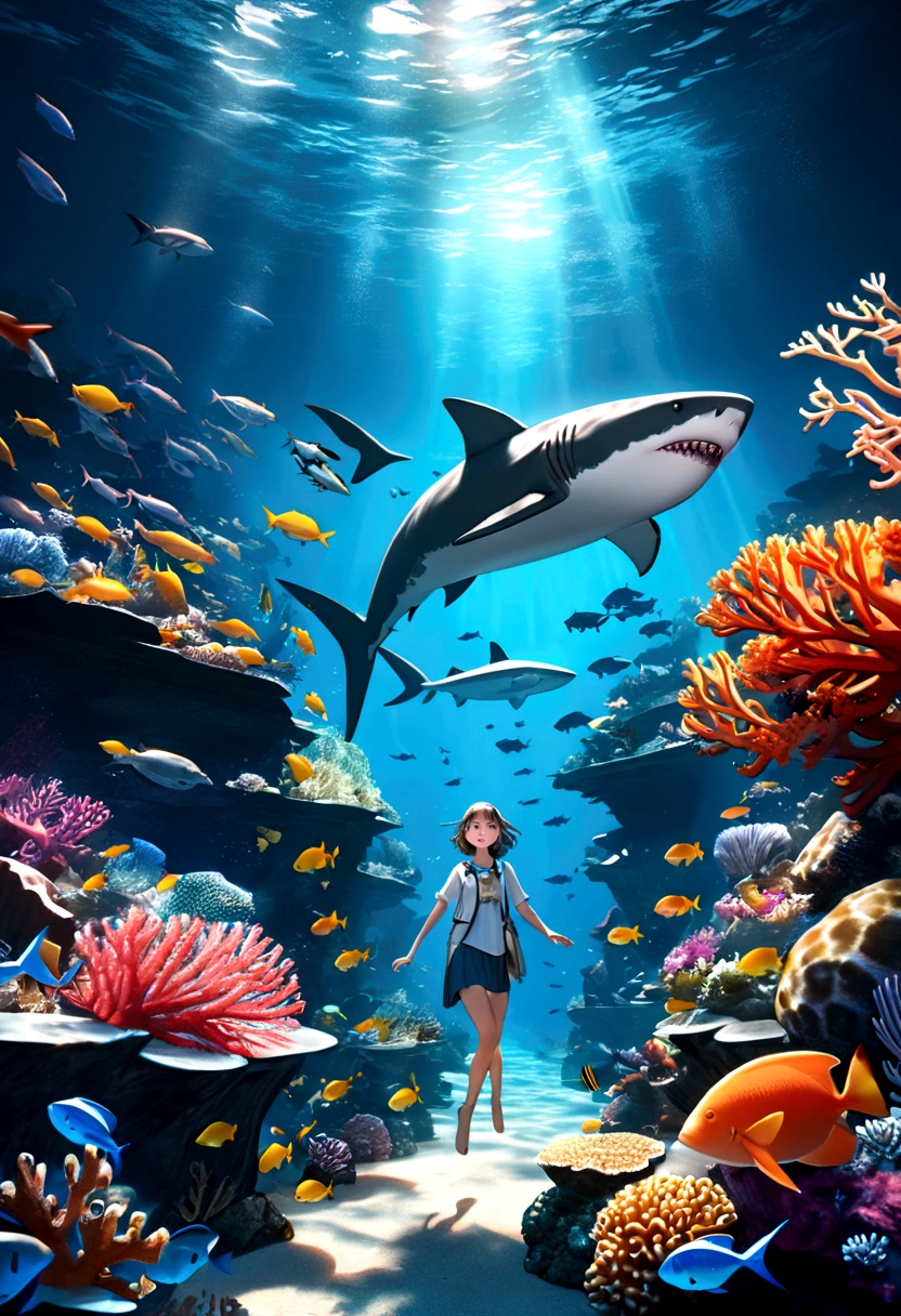 a beautiful girl with shark-like features, glowing blue eyes, sharp teeth, scaly skin, floating in an underwater fantasy scene with kelp, coral, and schools of tropical fish, detailed realistic 3d render, cinematic lighting, vivid colors, concept art style