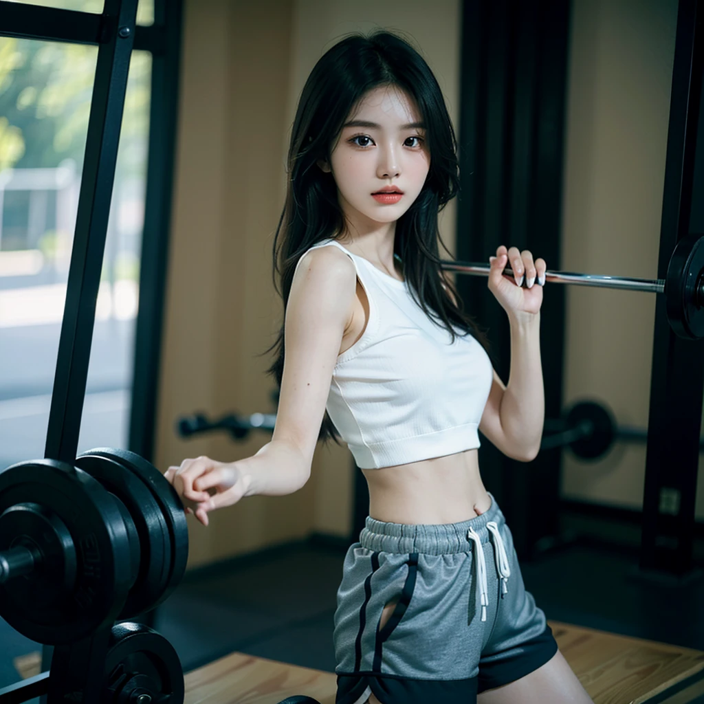 (Best quality, 8k, Masterpiece :1.3)), 1girl, Pretty woman with slender abs, (Long hair, Ultra-detailed face, Detailed eyes, Double eyelid, sport short pants, extremely short short pants, korean girl, soft lighting, depth of field, sexy pose, gym,