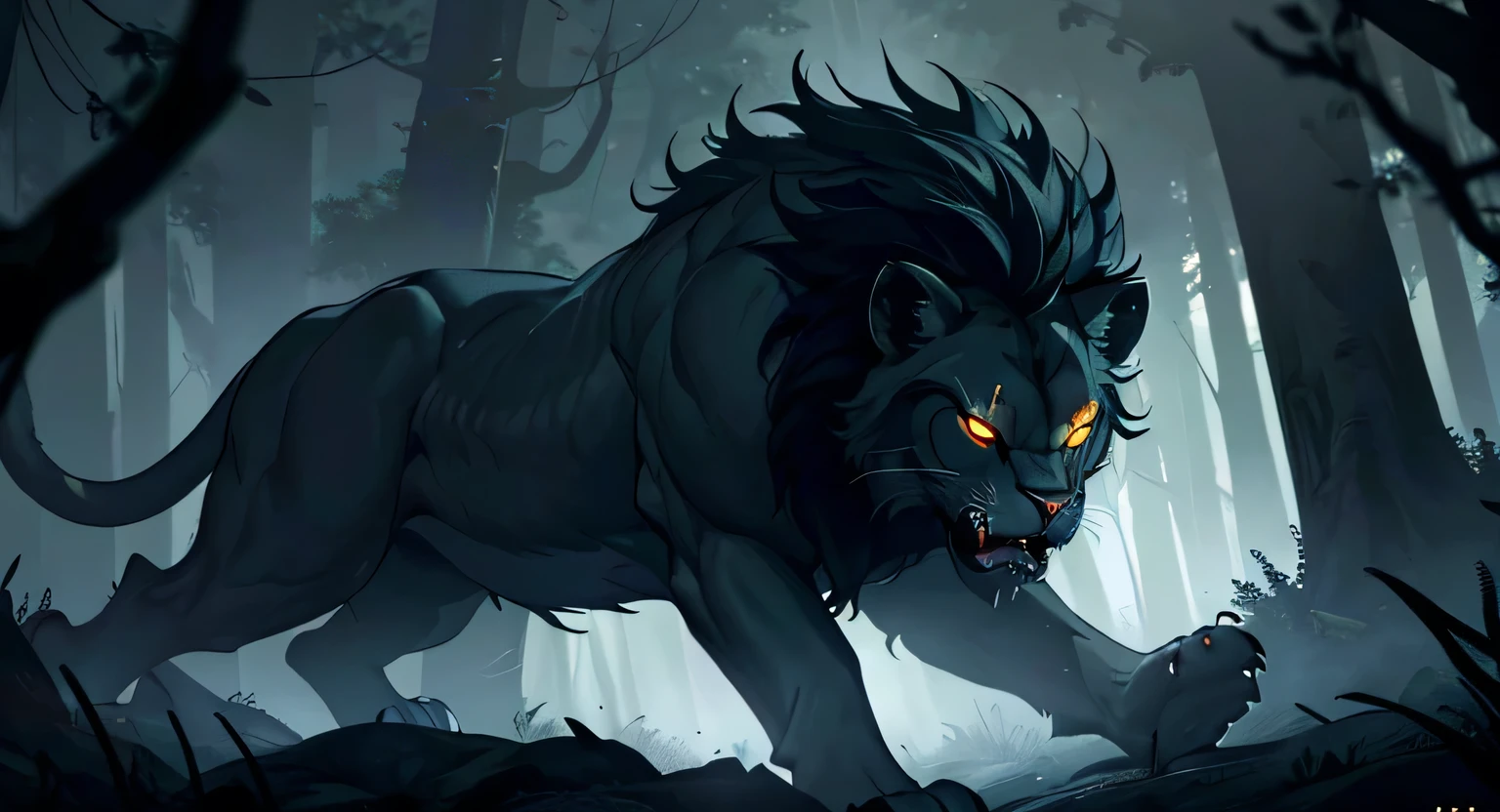 A fierce lion, (glowing eyes:1.2), (sharp fangs:1.2), pouncing mid-air, in a dark, mysterious forest, (moody lighting:1.2), (dramatic atmosphere:1.3), detailed fur, powerful muscles, (photorealistic:1.4), (cinematic:1.3), (award winning photograph:1.2), (dramatic lighting:1.2), ultra detailed, 8K