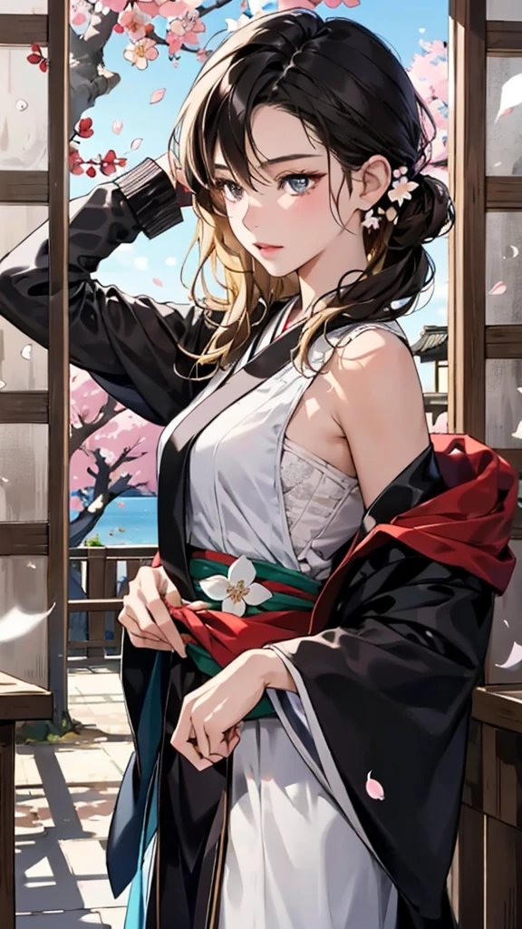 Incredibly realistic 8K wallpaper showing a radiant black-skinned lolita teen in a charming sexy black Japanese Gyaru style  - accented by a mesmerizing cherry blossom backdrop with nude and semi-nude elements:

Stunning and detailed cherry blossom petals flying, Framing 18 year old Asian girl in a Japanese high school student role Short hairstyle with curls, short black hair, and expressive eyes emulating full lips with a young and attractive Japanese lolita aesthetic, hour