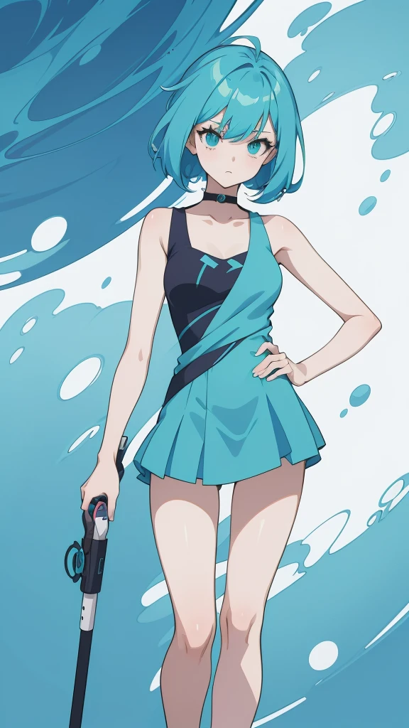 Blue-haired ,Design clothing,Seven-doppelganger shot,Anime style 4K,Anime girl with teal hair,High quality anime art style,Standing painting,Splash ink background,Blue Themes、青い髪、青い目