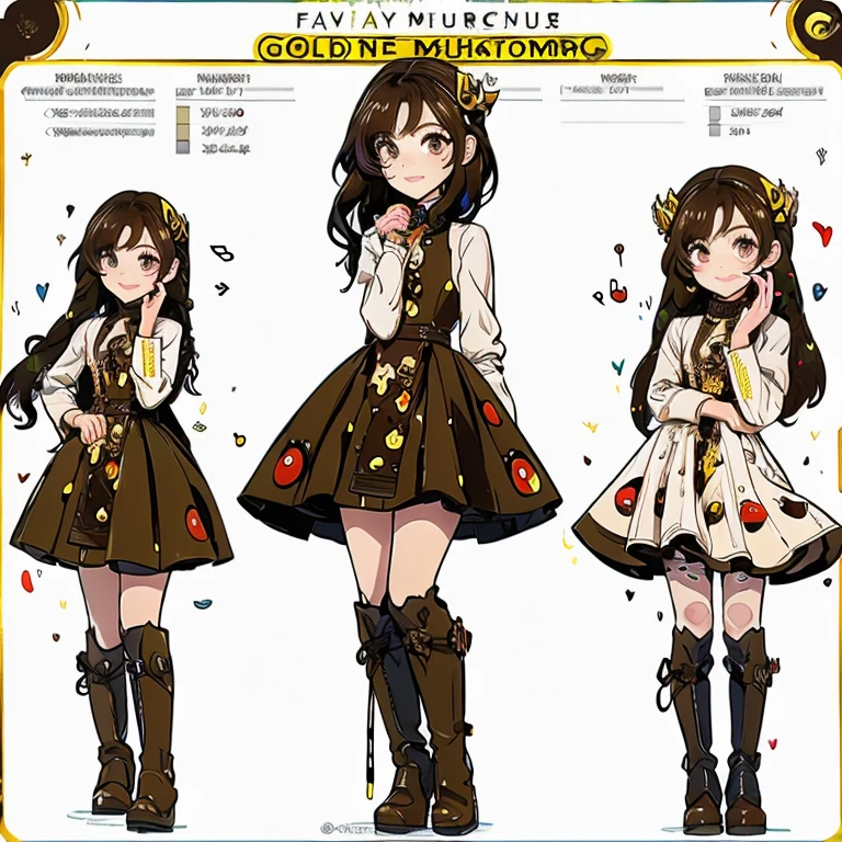 a child character with long brown hair and bangs, golden eyes and wearing a child's dress and brown boots, different angles, in the style of Miraculous Ladybug, character sheet, white background --ar 4:2, character poses,masterpiece、top-quality、ultra-detailliert、(Chibi Chara musicians:1.2)、(Artist Photography Flavor Images:1.2)、band vocals、