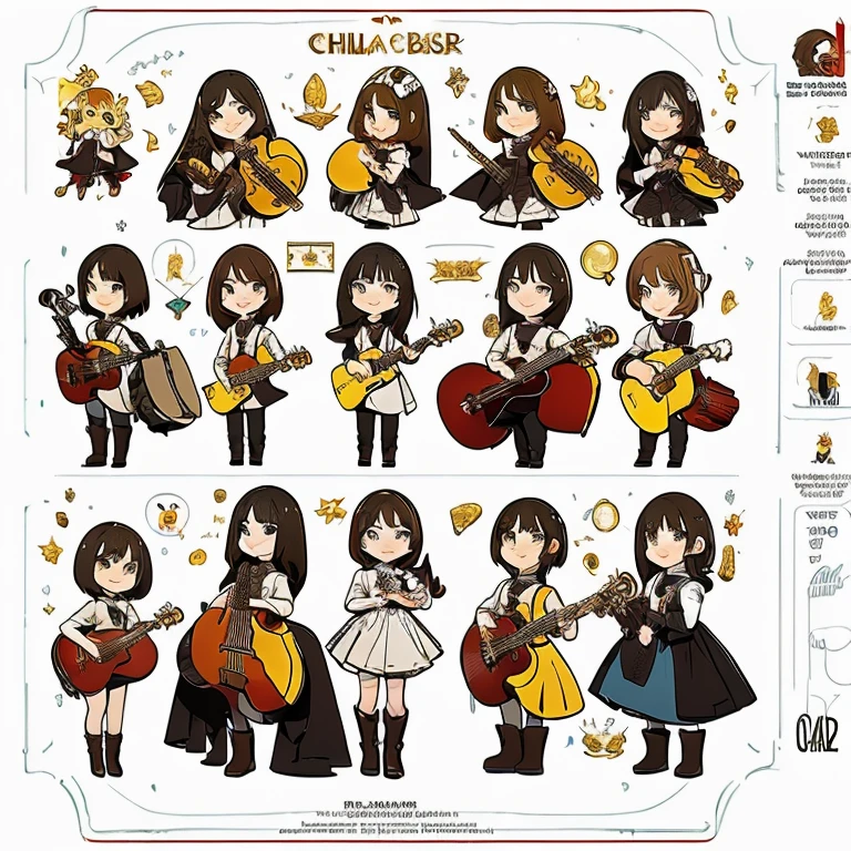 a child character with long brown hair and bangs, golden eyes and wearing a child's dress and brown boots, different angles, in the style of Miraculous Ladybug, character sheet, white background --ar 4:2, character poses,masterpiece、top-quality、ultra-detailliert、(Chibi Chara musicians:1.2)、(Artist Photography Flavor Images:1.2)、band vocals、