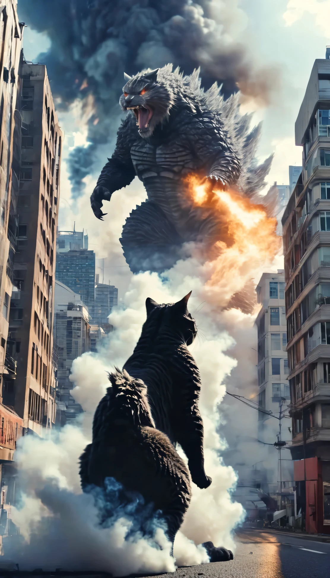 A giant cat like Godzilla is destroying the city。The giant cat is roaring。Smoke is in the background。