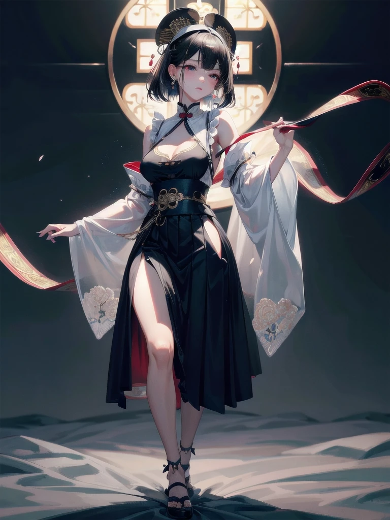 absurdres, RAW photo, extremely delicate and beautiful, masterpiece, Best Quality, ultra high resolution, 32k, hyperrealistic, ultra-detailed, delicate facial features, beautiful detailed woman, tearful mole, earring, medium breasts, (full body shot), medium hair, black hair, jiangshi, long skirt,