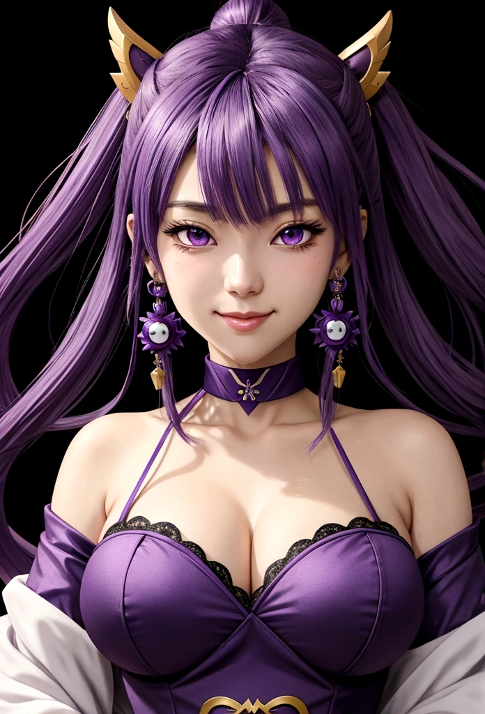 Big breasted anime girl with purple hair and purple eyes wearing a purple outfit., Ayaka Genshin Impact, [[[[smiling evilly]]]], void star akasuki, portrait onmyoji, Hajime Yataté, anime moe art style, portrait, Knights of the Zodiac, , genshin impact keqing, ayaka game genshin impact