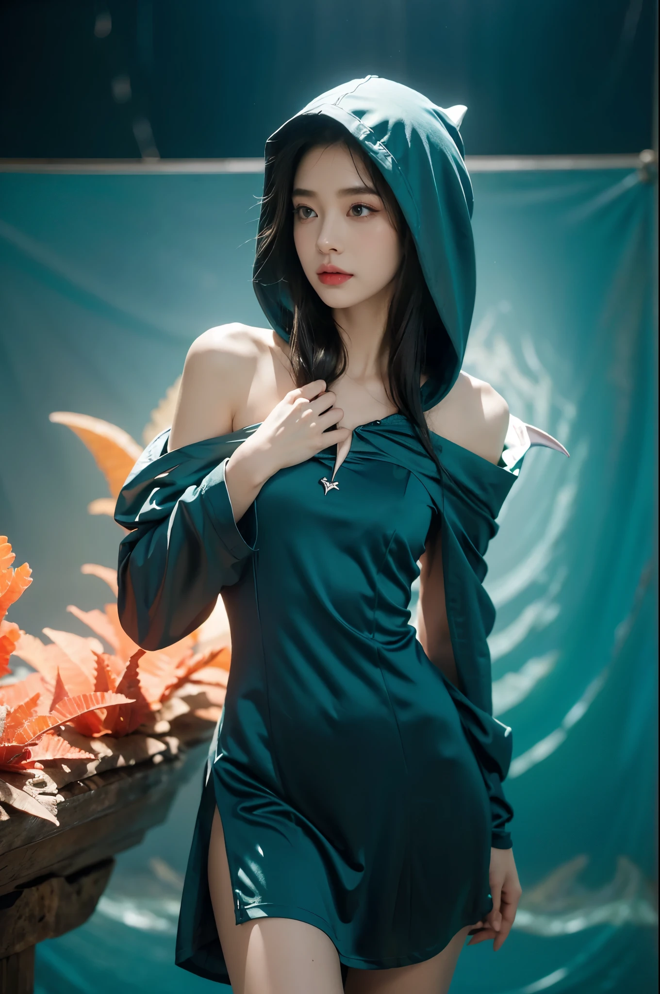 (((best quality))),(((ultra detailed))),(((masterpiece))),illustration,(1 beautiful girl,shark girl,solo),((slim,thin,small breasts,flat chest)),aquarium,summer night,(sleek sharkhead-hooded shirt-dress:1.3),shimmering hues,enchanting aura,(shoulder length straight bob hair:1.2),ocean-blue locks,shiny seaweed,porcelain skin,neon lights,emerald eyes,sharp gaze,delicate shark fin,translucent membrane,dancing fish,vibrant colors,undulating water,salty scent,distant waves,coral reef,gentle shadows,serene ambiance,electric atmosphere,Alezandra,oceanic magic,allure,enchantment,vision,extraordinary presence