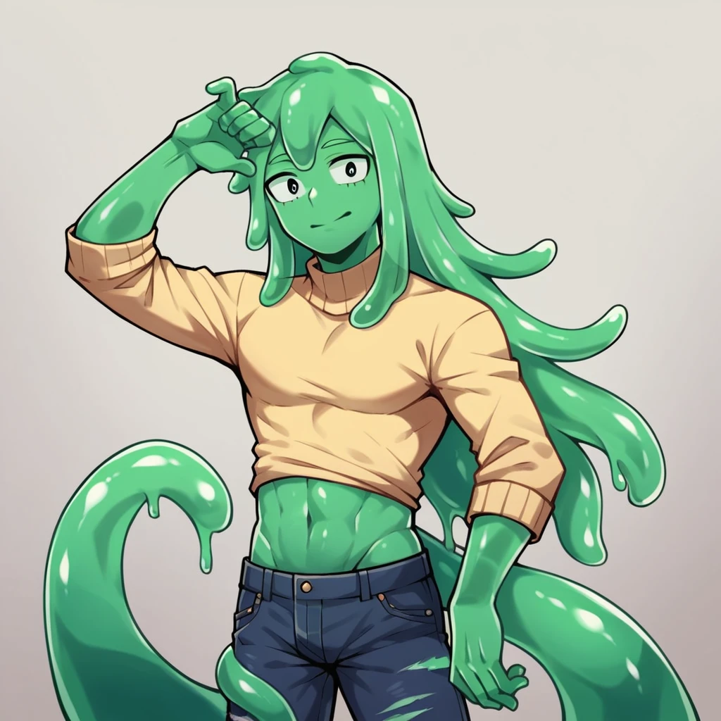 score_9, score_8_up, score_7_up, score_6_up, score_5_up, score_4_up, source_anime, 1Boy, slime Boy, Blue skin, Punk style, Long hair with green tips, tentacles, slime tentacles, slime boy, solo, slimegirlsfw, slime boy, ripped jeans, sweater crop top, slimeboy, my hero academia, hero, tentacles, school, depth of field, LUT, medium close shot, detailed, handsome, cute slime boy. My hero academia school, Tentacle tail.