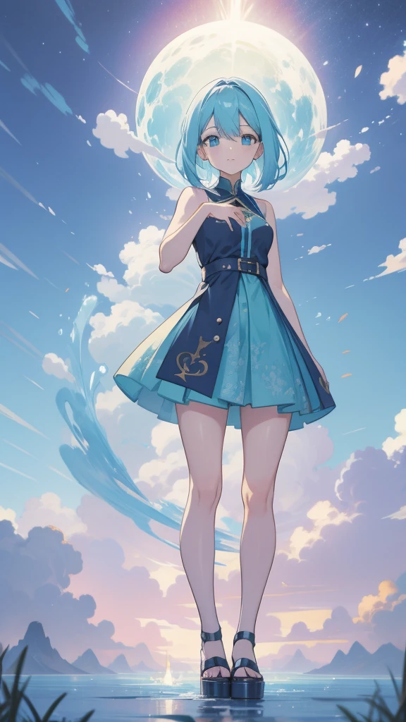 Blue-haired ，Design clothing，Seven-doppelganger shot，Anime style 4K，Anime girl with teal hair，High quality anime art style，Standing painting，Splash ink background，Blue Themes、青い髪、青い目