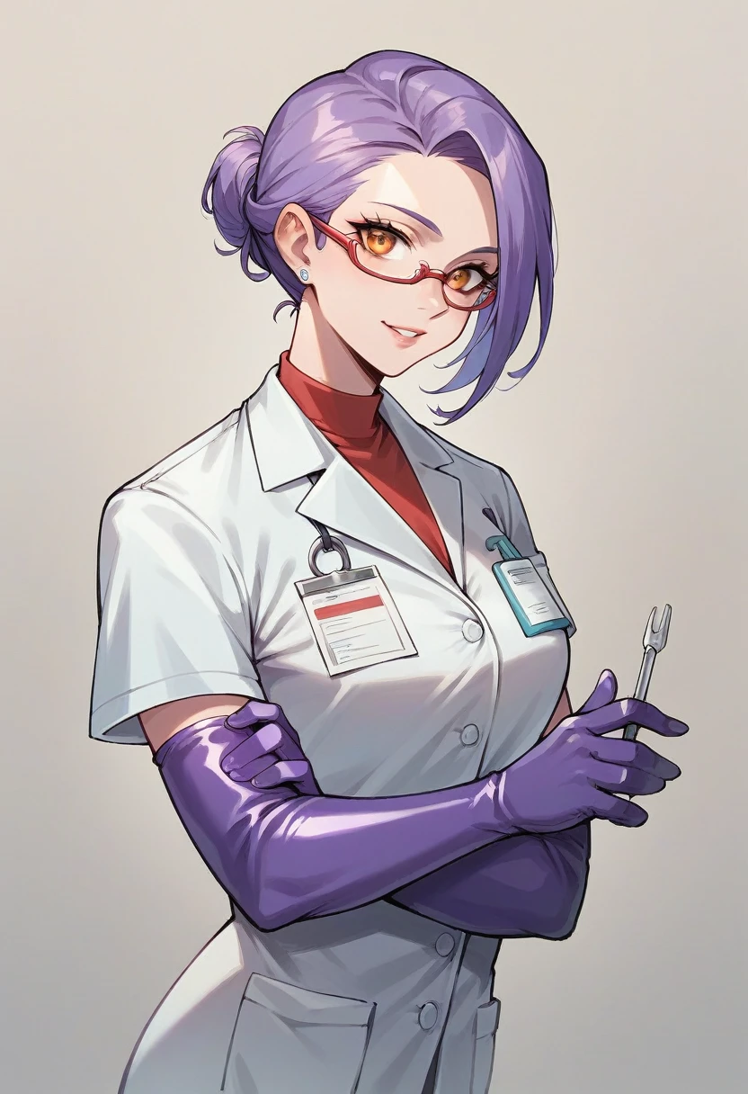 1girl, ((purple elbow gloves)), ((surgical gloves)), ((latex gloves)), ((long sleeves)) ((orange surgeon outfit)), looking at viewer, ((doctor)), standing, solo