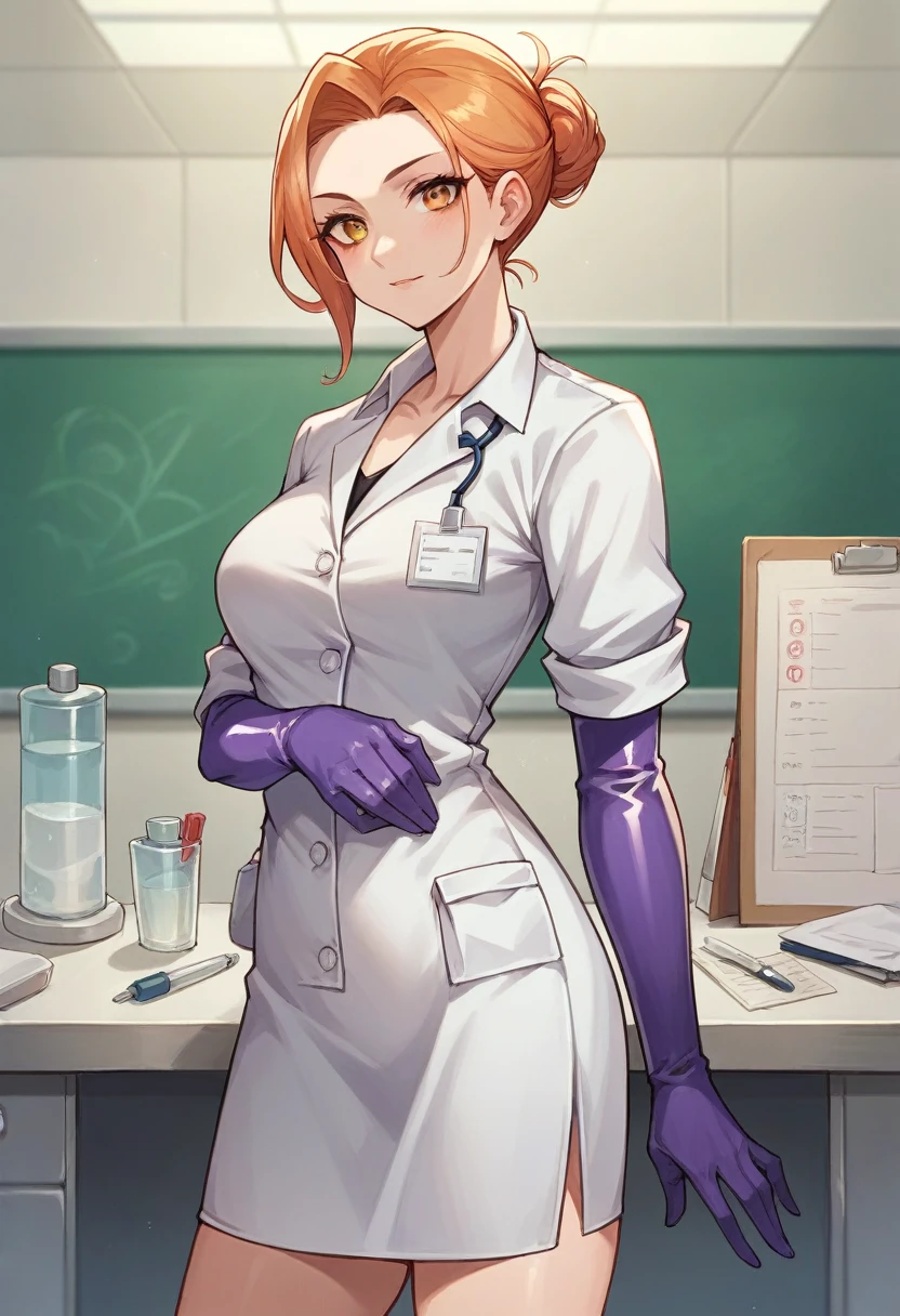 1girl, ((purple elbow gloves)), ((surgical gloves)), ((latex gloves)), ((long sleeves)) ((orange surgeon outfit)), looking at viewer, ((doctor)), standing, solo