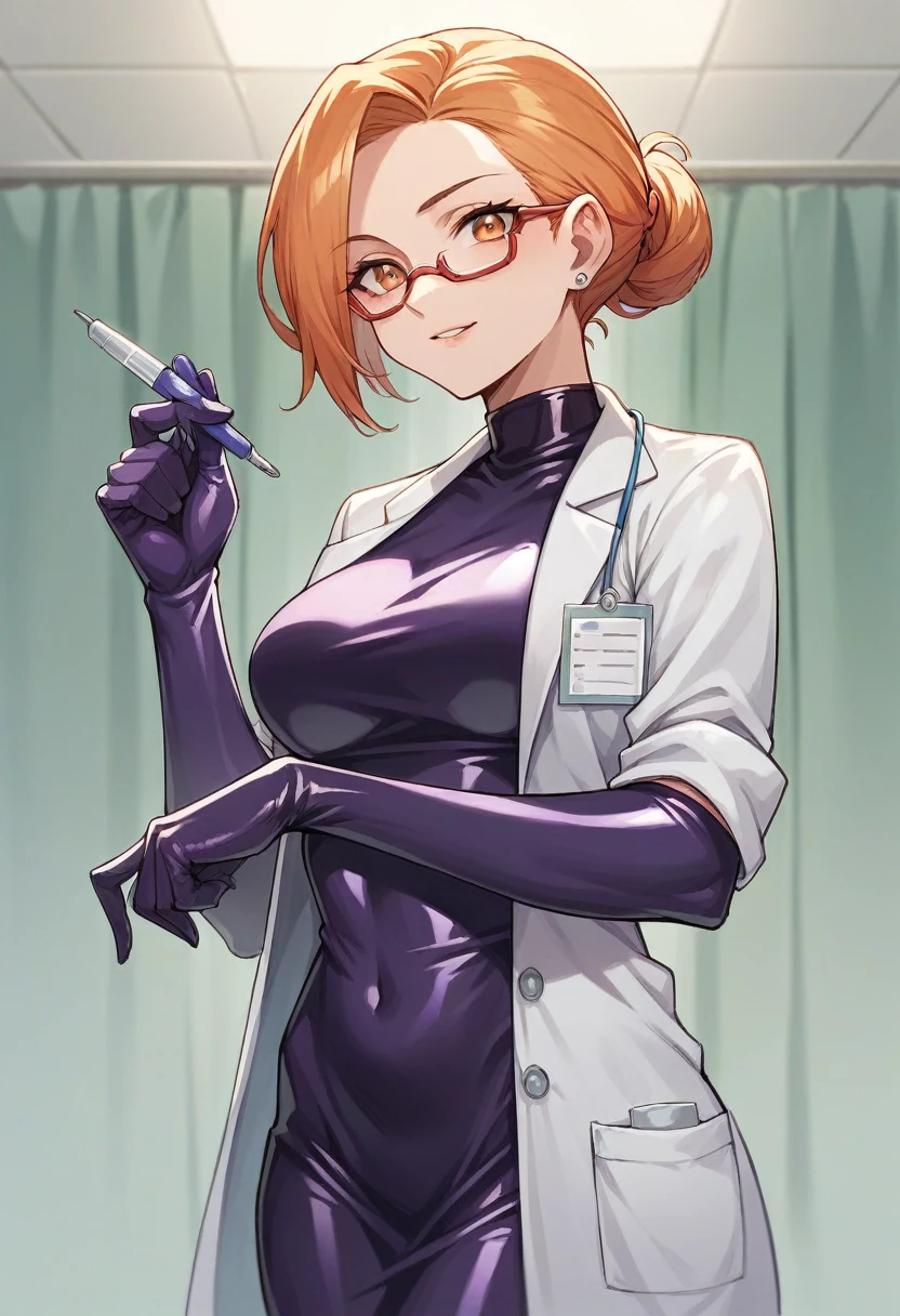 1girl, ((purple elbow gloves)), ((surgical gloves)), ((latex gloves)), ((long sleeves)) ((orange surgeon outfit)), looking at viewer, ((doctor)), standing, solo