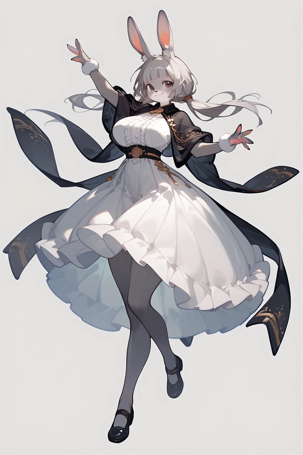 (score_9, score_8_up, score_7_up), (furry female), (rabbit girl), big breasts, blunt bangs, low twintails, puffy twintails, (long dress), white skirt, black shawl, grey pantyhose, black shoes, dynamic pose, cowboy shot, light smile, (simple background:1.5), (uncensored),
