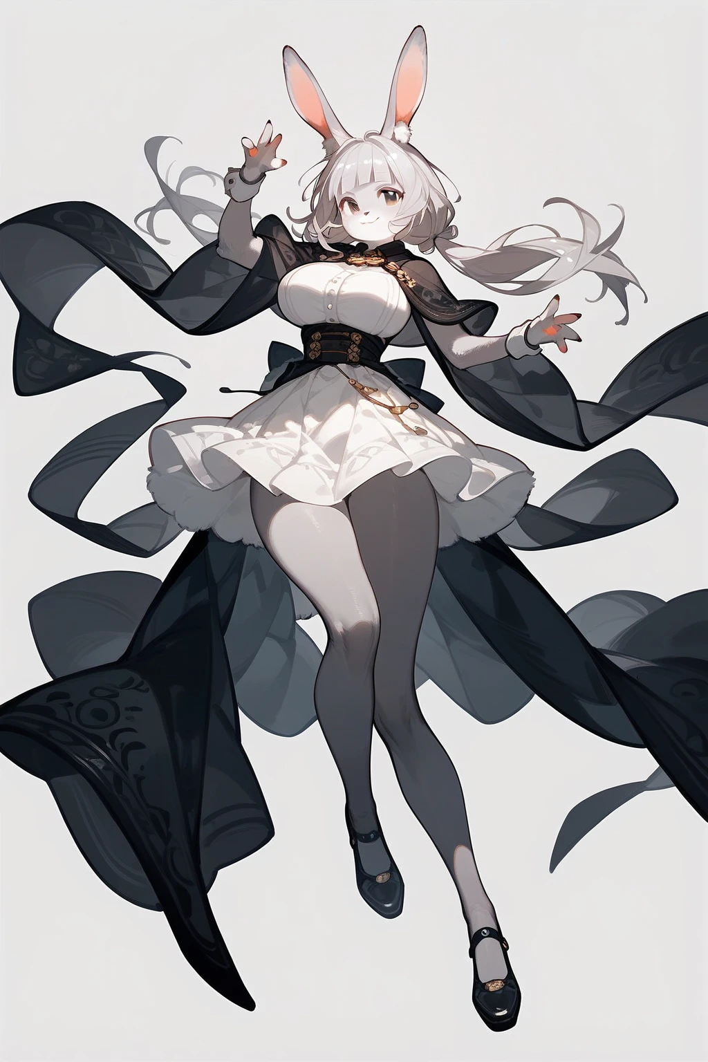 (score_9, score_8_up, score_7_up), (furry female), (rabbit girl), big breasts, blunt bangs, low twintails, puffy twintails, (long dress), white skirt, black shawl, grey pantyhose, black shoes, dynamic pose, cowboy shot, light smile, (simple background:1.5), (uncensored),
