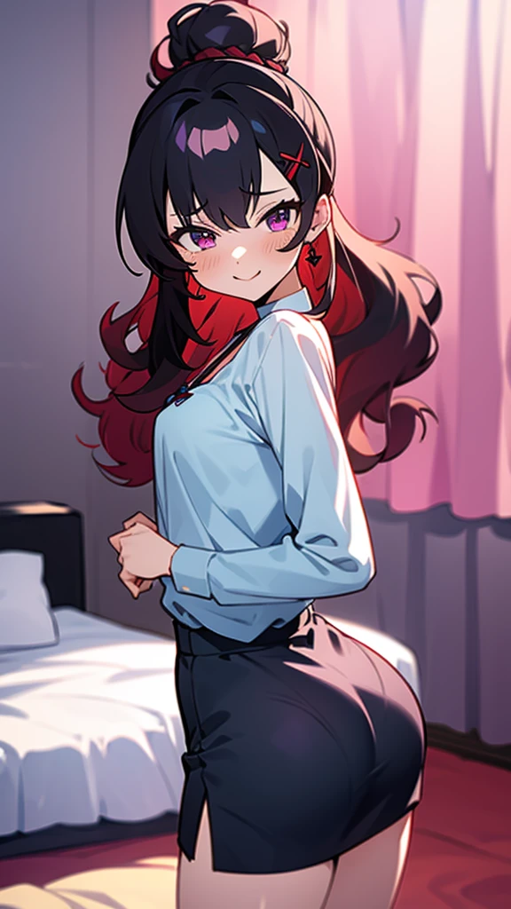 high tail hairstyle, Ponytail hairstyle, Long wavy black hair, standing posing, anime girl style, pixel art anime style,penetrating look with deep eyes,red and purple eyes, hair with a ponytail hairstyle trapped with a big red bun, Women, red hair clips, x color shaped hair clips , smiling face blush, in his room next to his bed, plain miniskirt, strap blouse, showing my ass to the camera, Black hair