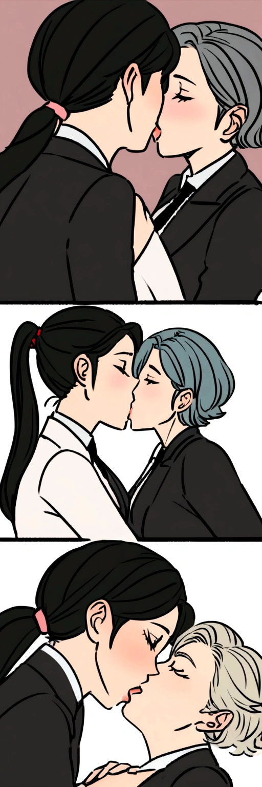 Kiss,lesbian kiss,mature woman,ceo and secretary,(pixie hair ceo),(ponytail hair secretary),CEO is sitting, 