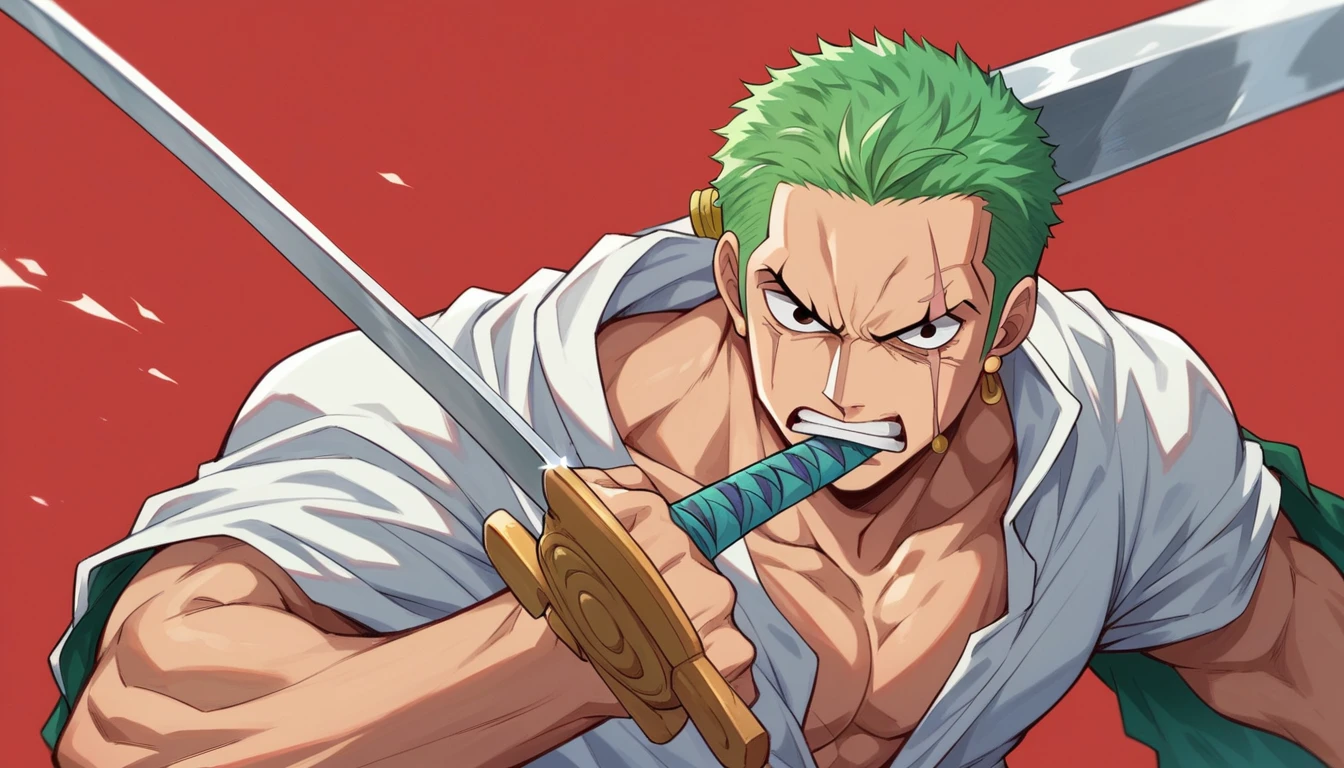 score_9, score_8_up, score_7_up, score_6_up, score_5_up, score_4_up, zoro, intense expression, green hair, scar over left eye, sword in mouth, ready for battle, confident, determined, strength, red background, dark, fierce, one piece, anime
