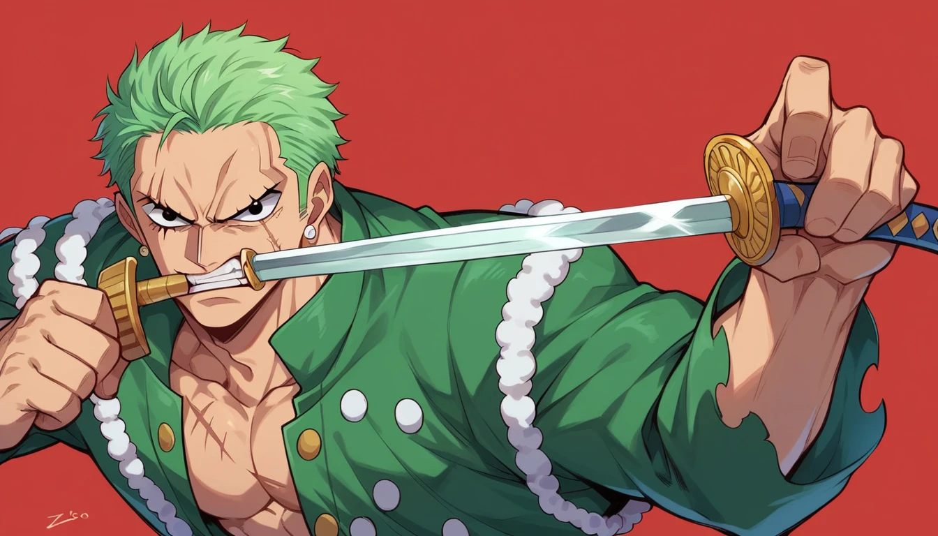 score_9, score_8_up, score_7_up, score_6_up, score_5_up, score_4_up, zoro, intense expression, green hair, scar over left eye, sword in mouth, ready for battle, confident, determined, strength, red background, dark, fierce, one piece, anime