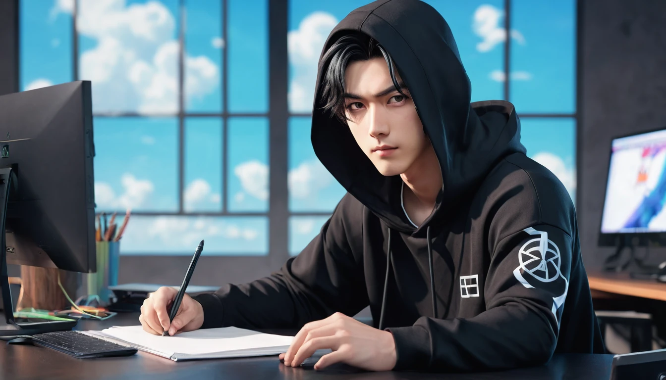 a 25-year-old friendly-looking anime man sitting behind a desk in a futuristic studio, wearing a black hoodie. window background, smooth, soft, ultra-sharp, detailed, looking straight forward, centered in the image, straight, front-facing a camera. handsome anime pose, anime lush john 8k woods, realistic anime artstyle, young anime man, high quality anime artstyle, anime style 4 k, handsome guy in demon slayer art, anime handsome man, trigger anime artstyle, realistic artstyle, in an anime style, realistic anime 3 d style,