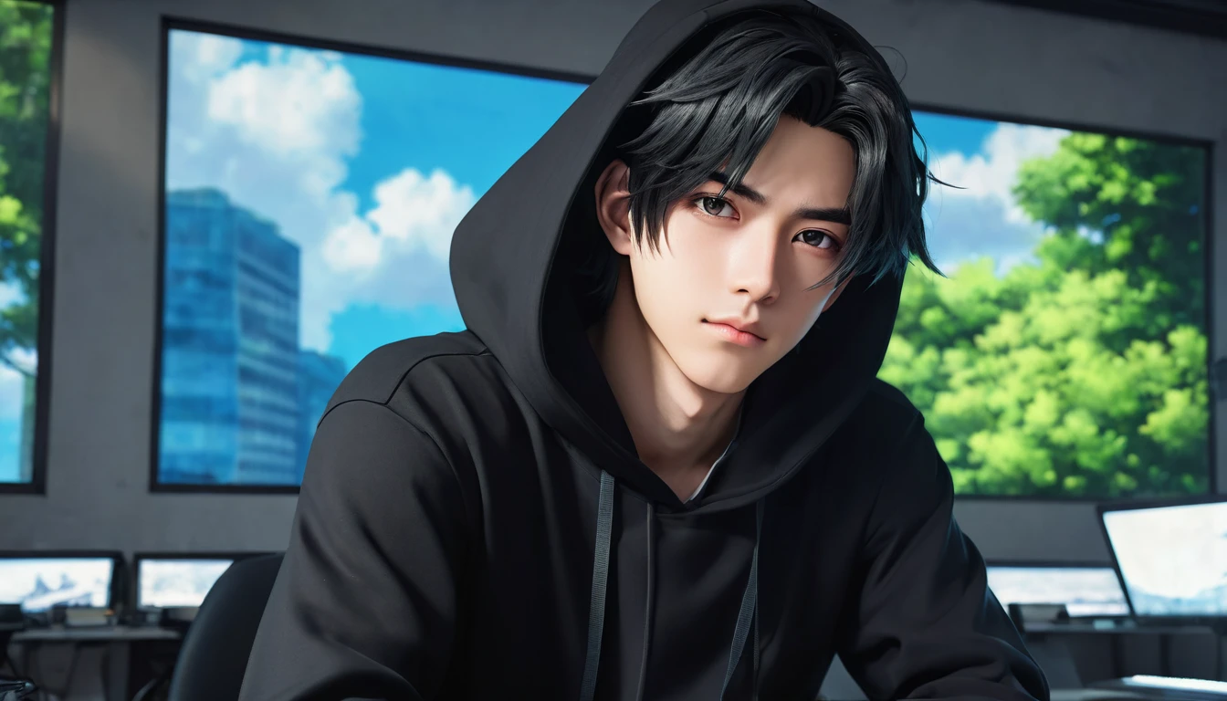 a 25-year-old friendly-looking anime man sitting behind a desk in a futuristic studio, wearing a black hoodie. window background, smooth, soft, ultra-sharp, detailed, looking straight forward, centered in the image, straight, front-facing a camera. handsome anime pose, anime lush john 8k woods, realistic anime artstyle, young anime man, high quality anime artstyle, anime style 4 k, handsome guy in demon slayer art, anime handsome man, trigger anime artstyle, realistic artstyle, in an anime style, realistic anime 3 d style,