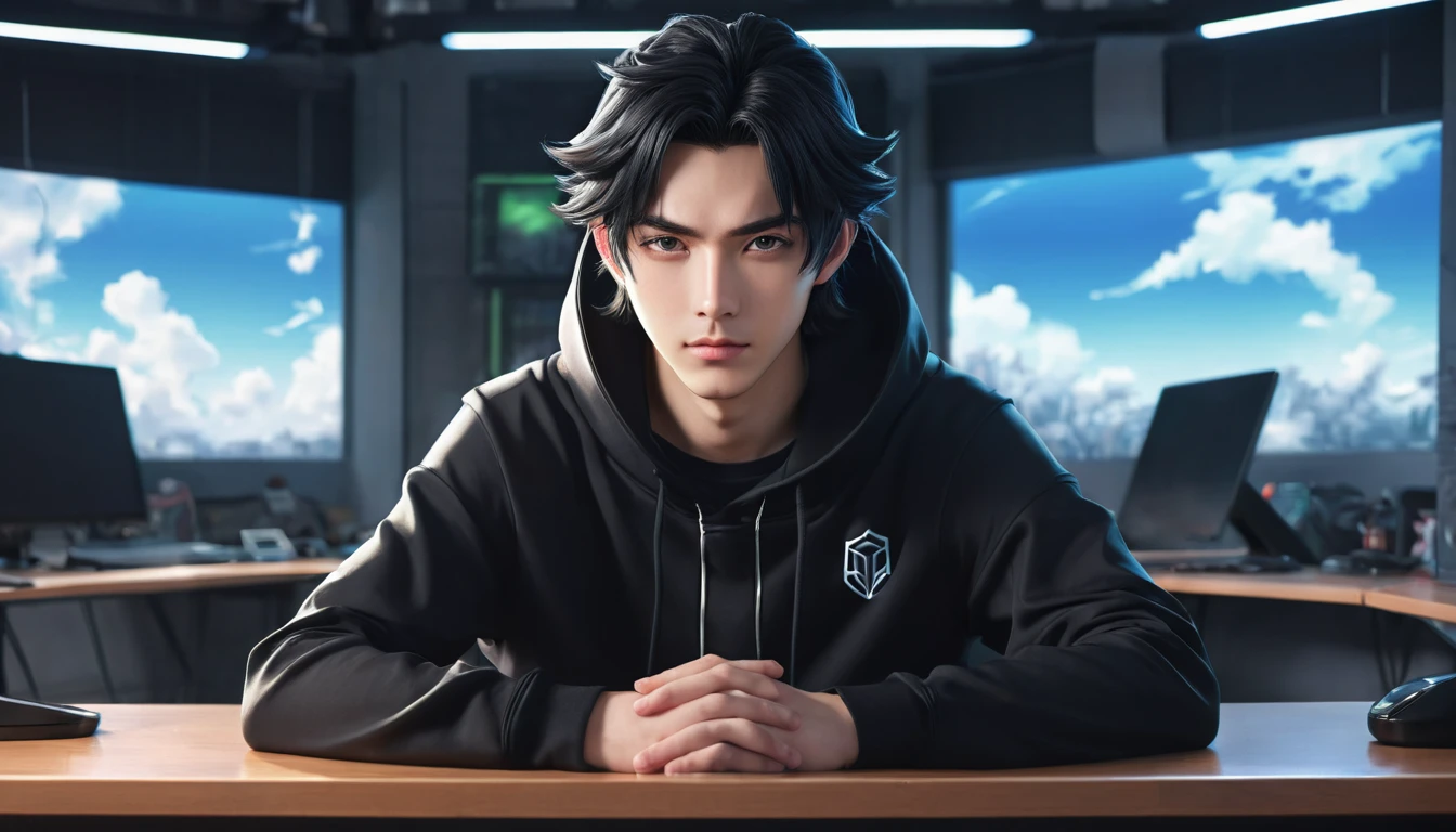 a 25-year-old friendly-looking anime man sitting behind a desk in a futuristic studio, wearing a black hoodie. window background, smooth, soft, ultra-sharp, detailed, looking straight forward, centered in the image, straight, front-facing a camera. handsome anime pose, anime lush john 8k woods, realistic anime artstyle, young anime man, high quality anime artstyle, anime style 4 k, handsome guy in demon slayer art, anime handsome man, trigger anime artstyle, realistic artstyle, in an anime style, realistic anime 3 d style,