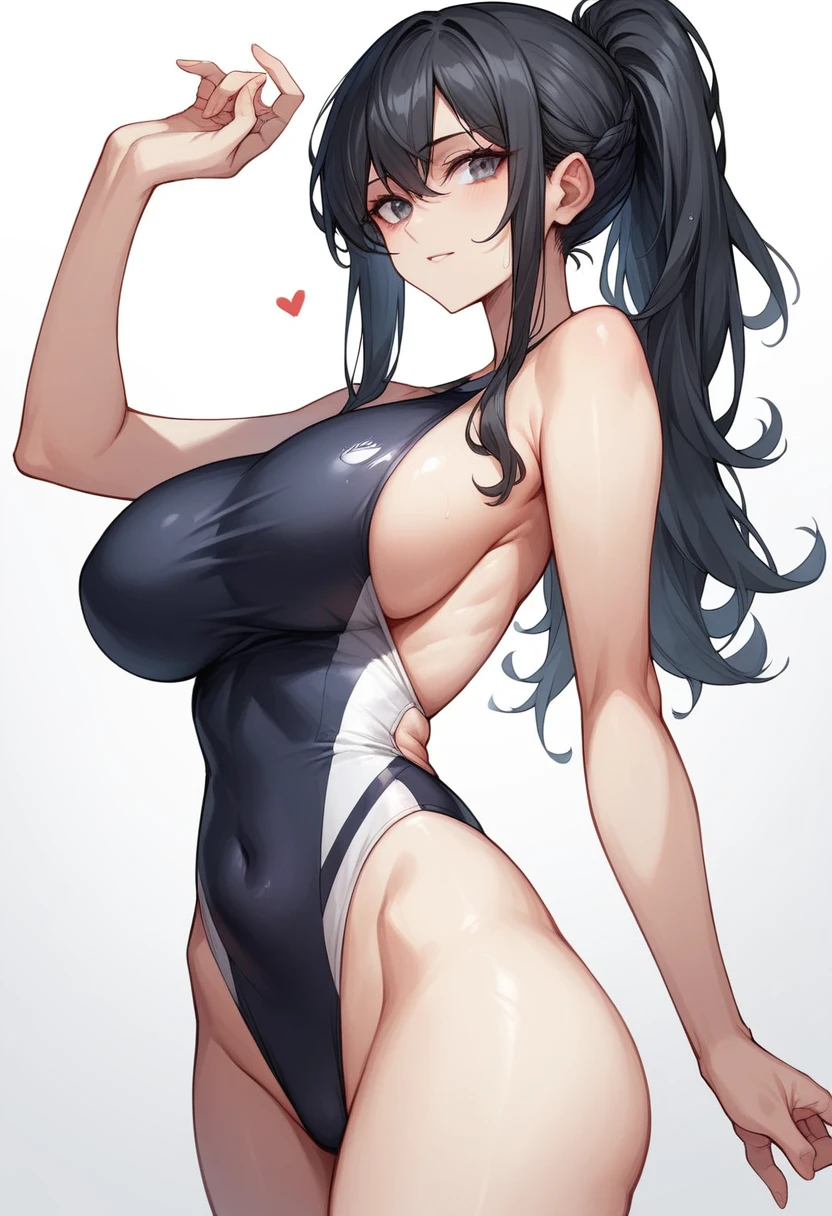 masterpiece,Highest quality,High resolution,shape,Very detailed,8k CG wallpaper,One Girl,Ray Tracing,Beautiful breasts,Long black hair, Black oversized swimsuit,White background,Waistline,Body facing left,One hand in hair,Sideboob,Big Breasts,