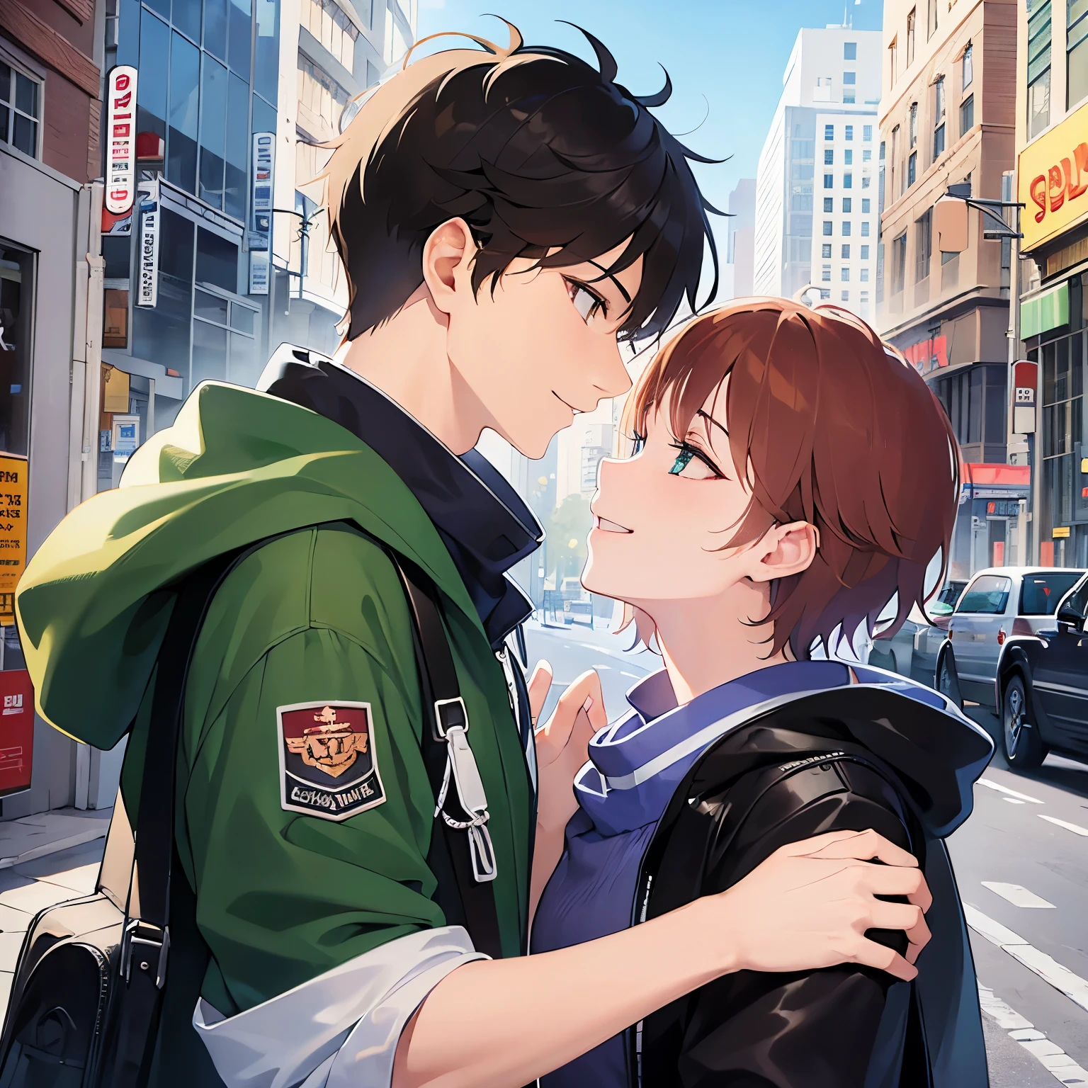 BREAK (25-year-old male:1.5) and (Mahogany brown short hair) and (Green Eyes) BREAK,(looking away:1.5)、profile、masterpiece、Highest quality、 (smile:1.5)