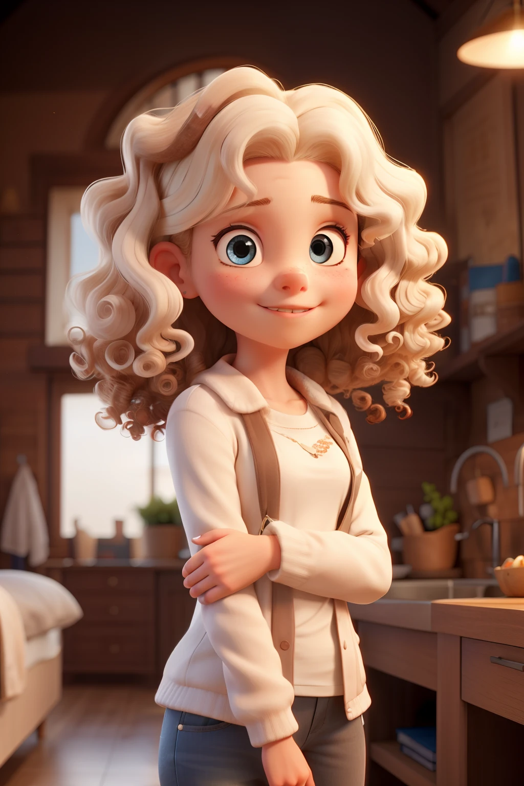 Girl with curly hair with white highlights working on white