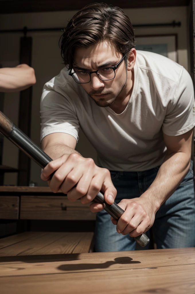 a man holding a sledgehammer to hit an eyeglass frame in front of him on a brown table 