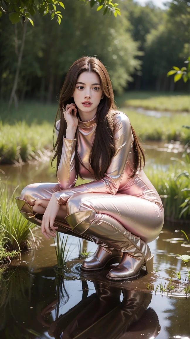 Young Anne Hathaway has long brown hair,Wearing a pink shiny full body suit，Full breasts，Long legs，Over the knee boots，Wear a belt，Squatting in the swamp，Stuck in the Swamp，The body was covered in mud stains，Full body picture，Realistic