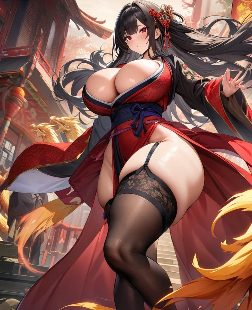 1 handsome woman, whole body, Black long hair, Gorgeous hair accessories, Red Eyes, Exquisite embroidered shoes, rad hanfu, martial arts master，Tall, Slender and fleshy thighs，Garter stockings，Dragon and Phoenix Lace，Thigh straps,huge 、huge breasts，High detail showing chest, Big Ass，Ultra-high resolution, Clear focus, Epic Composition, masterpiece, (Highly detailed CG Unity 8k wallpaper)