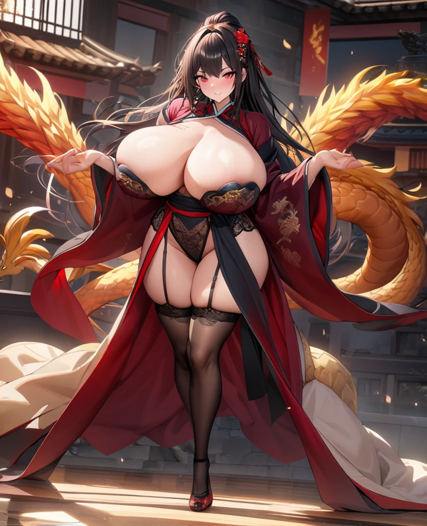 1 handsome woman, whole body, Black long hair, Gorgeous hair accessories, Red Eyes, Exquisite embroidered shoes, rad hanfu, martial arts master,Tall, Slender and fleshy thighs,Garter stockings,Dragon and Phoenix Lace,Thigh straps,huge 、huge breasts,High detail showing chest, Big Ass,Ultra-high resolution, Clear focus, Epic Composition, masterpiece, (Highly detailed CG Unity 8k wallpaper)