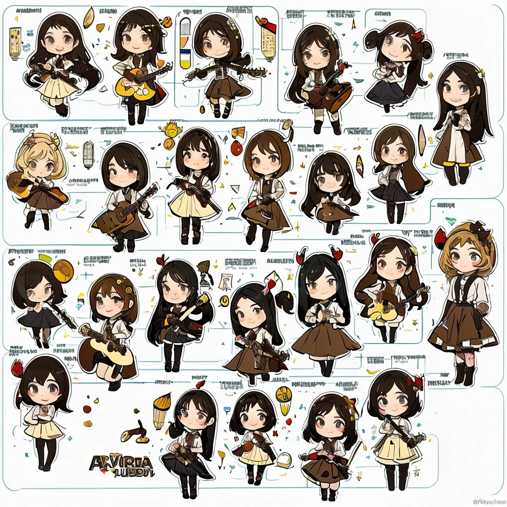 a child character with long brown hair and bangs, golden eyes and wearing a child's dress and brown boots, different angles, in the style of Miraculous Ladybug, character sheet, white background --ar 4:2, character poses,masterpiece、top-quality、ultra-detailliert、(Chibi Chara musicians:1.2)、(Artist Photography Flavor Images:1.2)、band vocals、