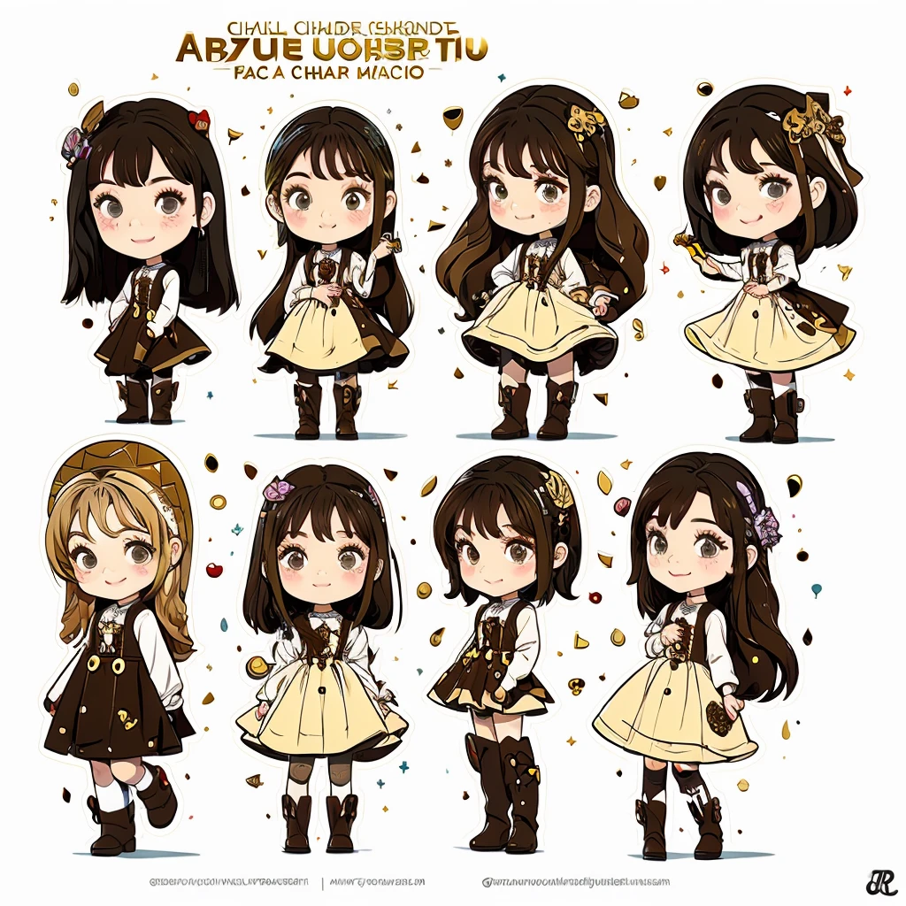 a child character with long brown hair and bangs, golden eyes and wearing a child's dress and brown boots, different angles, in the style of Miraculous Ladybug, character sheet, white background --ar 4:2, character poses，​masterpiece、top-quality、ultra-detailliert、(Chibi Chara　musicians:1.2)、(Artist Photography Flavor Images:1.2)、band vocals、