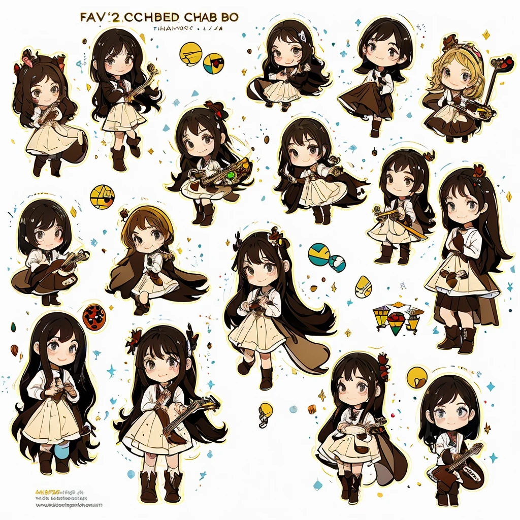 a character with long brown hair and bangs, golden eyes and wearing a childess and brown boots, different angles, in the style of Miraculous Ladybug, character sheet, white background --ar 4:2, character poses,masterpiece、top-quality、ultra-detailliert、(Chibi Chara musicians:1.2)、(Artist Photography Flavor Images:1.2)、band vocals、