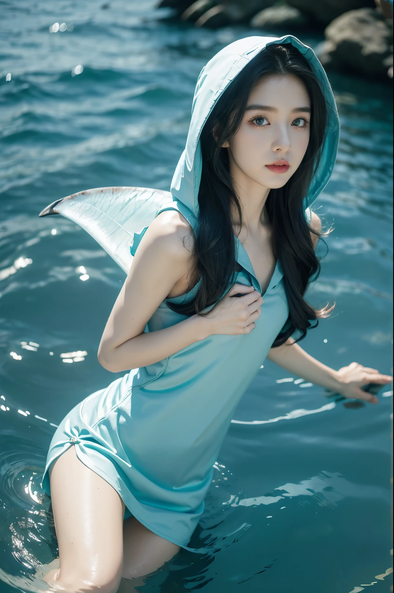 (((best quality))),(((ultra detailed))),(((masterpiece))),illustration,(1 beautiful girl,shark girl,solo),((slim,thin,small breasts,flat chest)),aquarium,summer night,(sleek shark-hooded shirt-dress:1.3),shimmering hues,enchanting aura,(shoulder length straight bob hair:1.2),ocean-blue locks,shiny seaweed,porcelain skin,neon lights,emerald eyes,sharp gaze,delicate shark fin,translucent membrane,dancing fish,vibrant colors,undulating water,salty scent,distant waves,coral reef,gentle shadows,serene ambiance,electric atmosphere,Alezandra,oceanic magic,allure,enchantment,vision,extraordinary presence