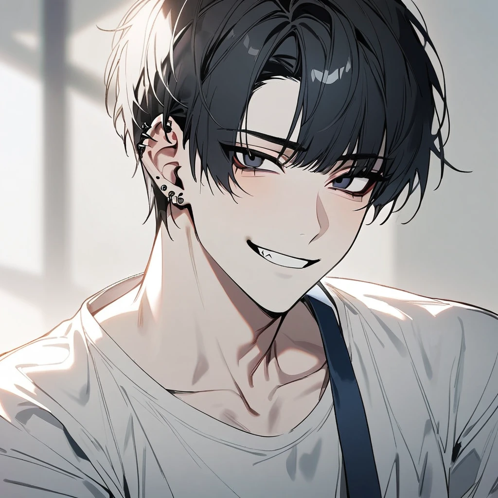 1 boy, black eyes, black hair, tooth braces, smiling, playful, ethereal, piercings, korean, bowl haircut, face close-up, manly, handsome, hot, pale skin, twink, slim, effeminate, straight bangs, K-pop, white shirt, blue tie, cute