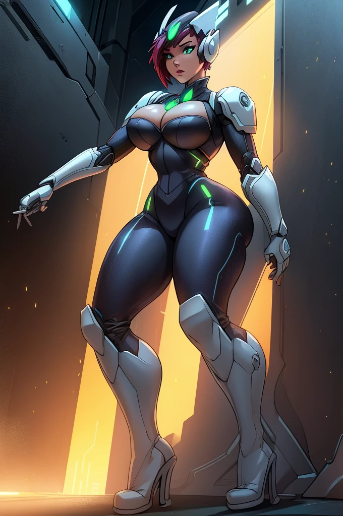 a girl wearing mecha cyber armor,technology bodysuit,smart lines in the costume, thick thighs,cleavage,tech boots,tech gloves,(mechanized valkyrie girl),full body,high heels,intricate details,hyper realistic,8k,award winning,cinematic lighting,dynamic pose,dramatic colors,complex patterns,futuristic,cyberpunk,chiaroscuro lighting,highly detailed,photorealistic,unreal engine,volumetric fog,advanced rendering, technology pistol in hands shining.