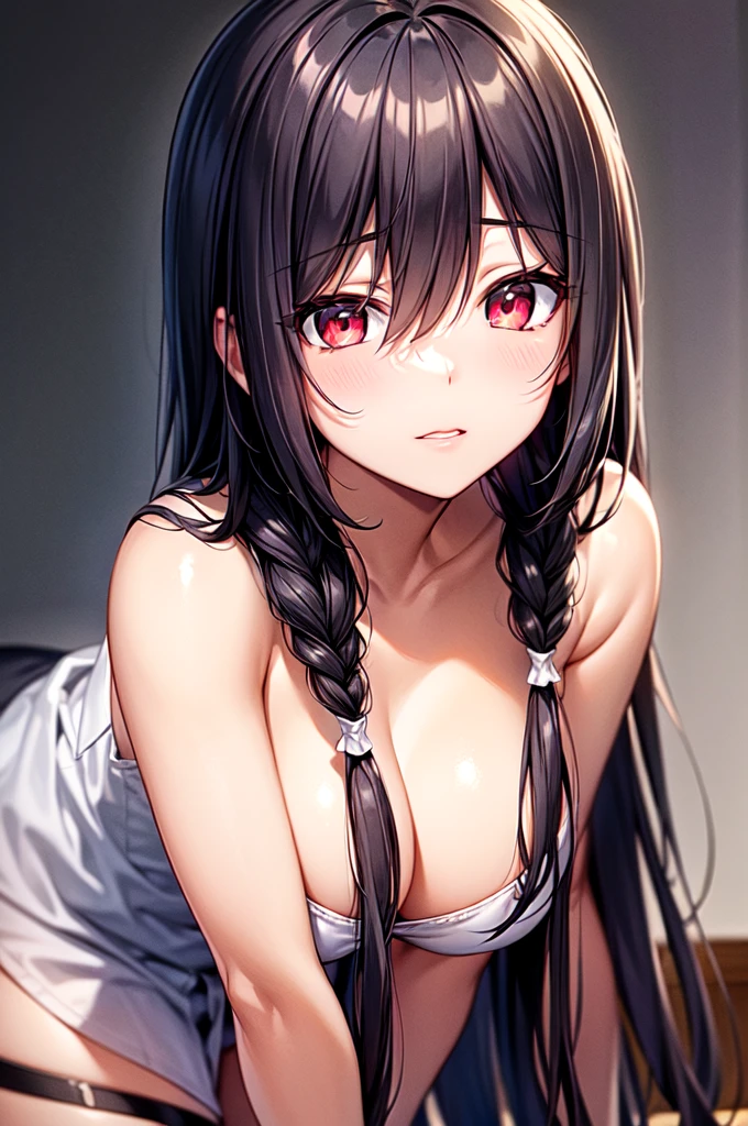 8K, detailed, anime, smooth anime CG art, masterpiece, high quality, highres, best quality, highres, 1girl, disheveled hair, illustration, focus on face, simple background, long hair, socks, black hair, hair between eyes, calm, dress shirt, long bangs, tied hair, braided hair, narrow eyes, ribbons in hair, crimson red eyes, large breasts, breasts, perfect face, perfect legs, no pants, full lips, add_detail:-3