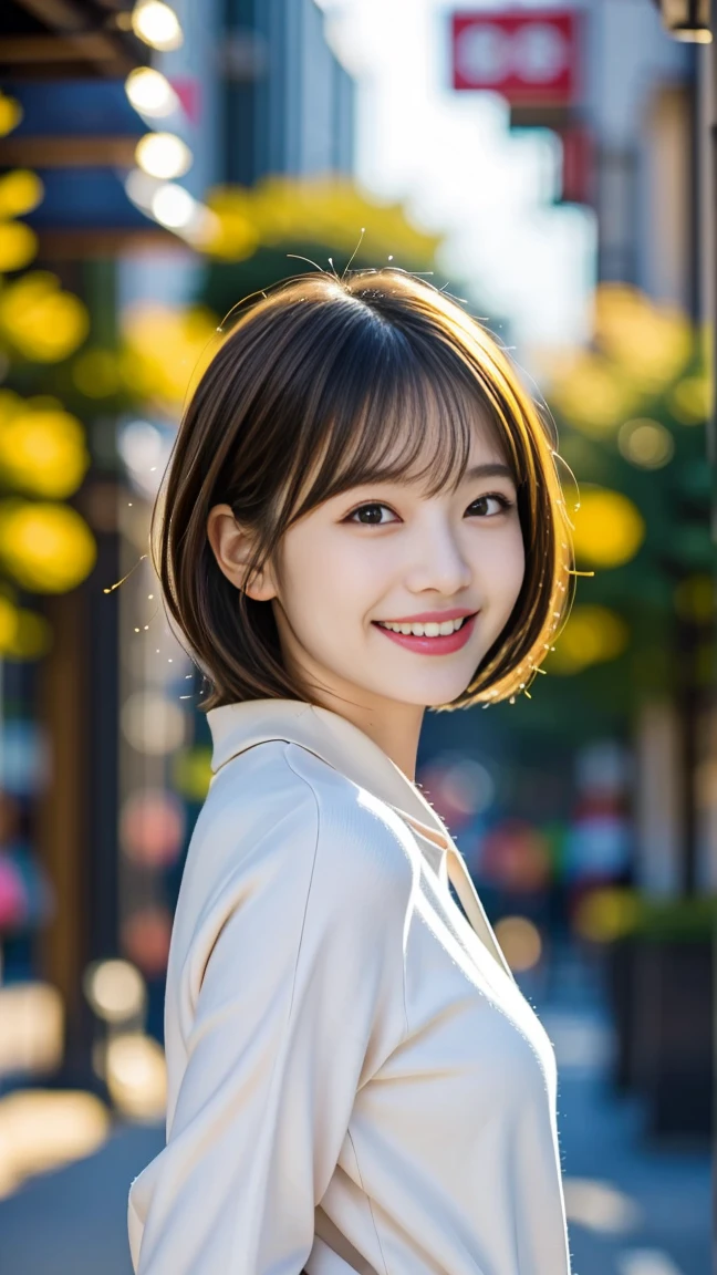 8K、best image quality、smile、masterpiece、spring、short hair、fine eyes、small breasts、爽やかなsmile、Female college student、Dimples、camisole、Clear system、attending university、Ruck sack