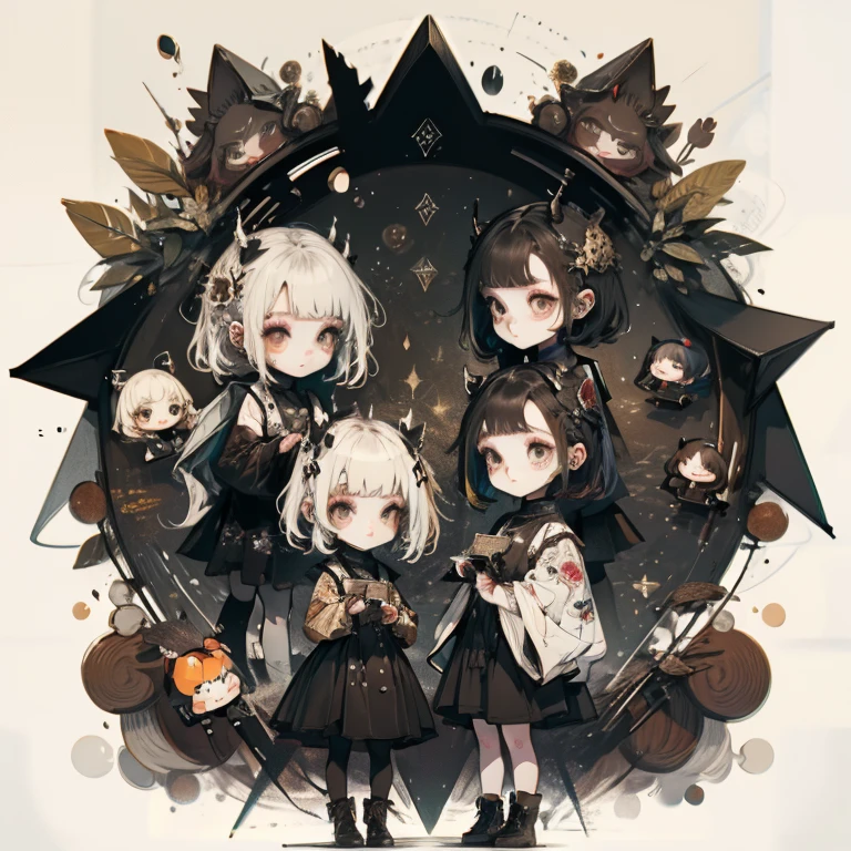 a child character with long brown hair and bangs, golden eyes and wearing a child's dress and brown boots, different angles, in the style of Miraculous Ladybug, character sheet, white background --ar 4:2, character poses,masterpiece、top-quality、ultra-detailliert、(Chibi Chara musicians:1.2)、(Artist Photography Flavor Images:1.2)、band vocals、