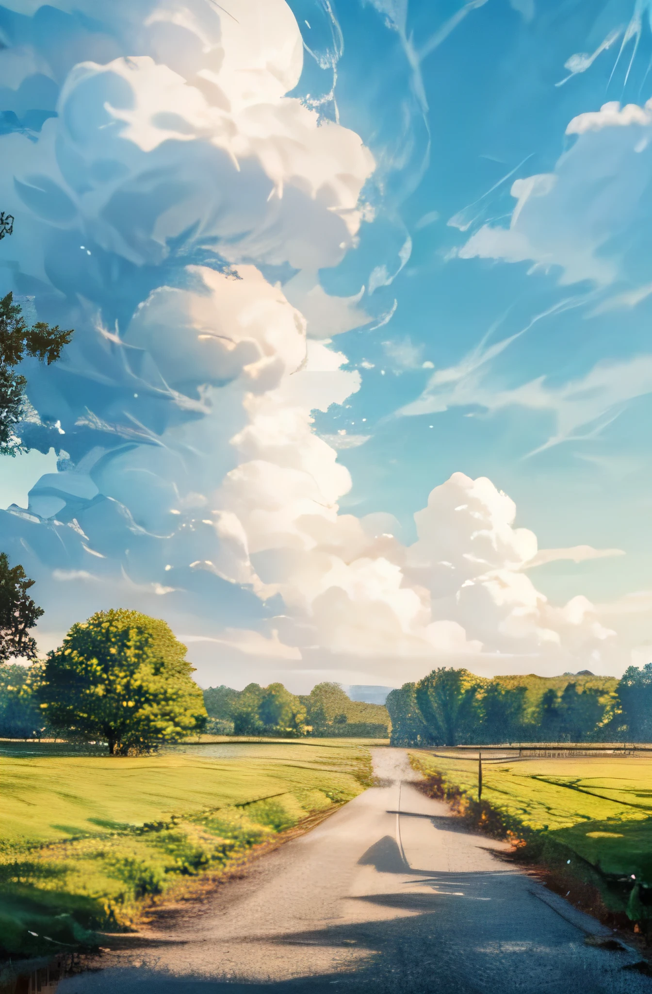 car rolling down a street, high quality, road surrounded by grass, blue sky, clouds, green grass, ultra high detail sky, detailed clouds, beautiful nature, beautiful sky
