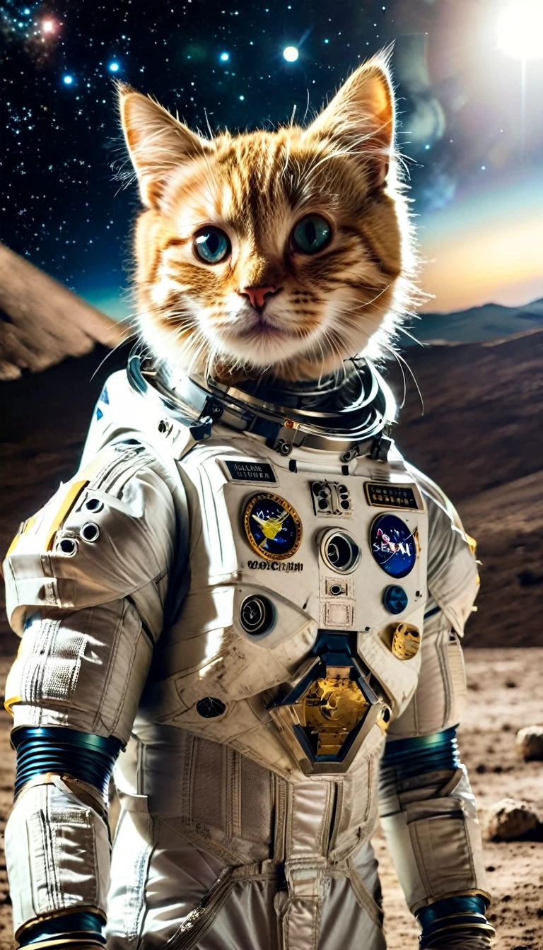 A cat in a spacesuit landed on the moon。Earth in the background。