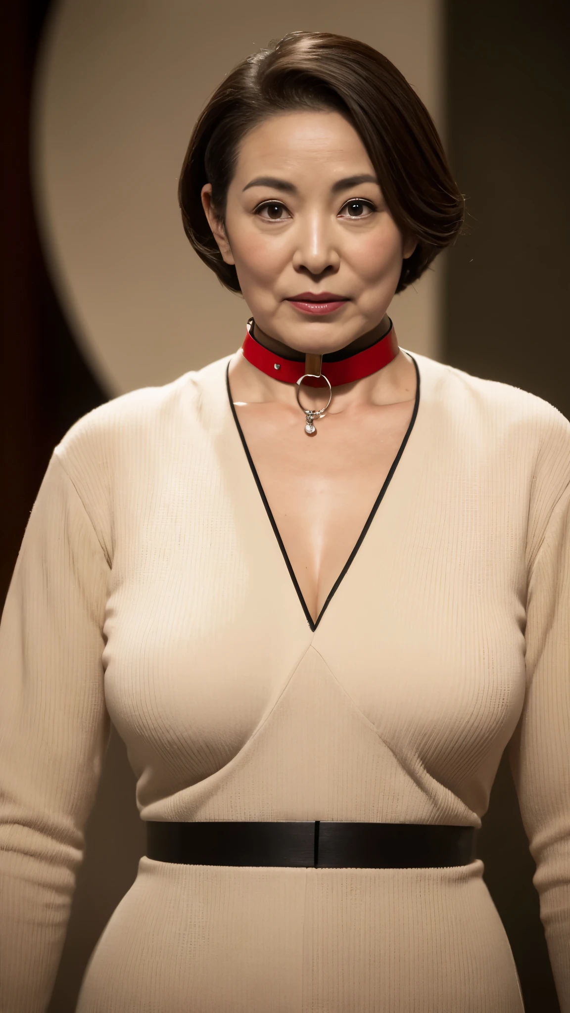 gravure, look forward to, Red lips, ((Wearing a dog collar)), slave, Flashy makeup, From the chest up, masterpiece, Highest quality, Very detailed, Realistic, Very detailed肌, Perfect Anatomy, (1 Japanese Mature), (alone), 120 years old, Big Breasts, Mature female politician, Glamour, sexy, Chromo White Skin, View your audience,