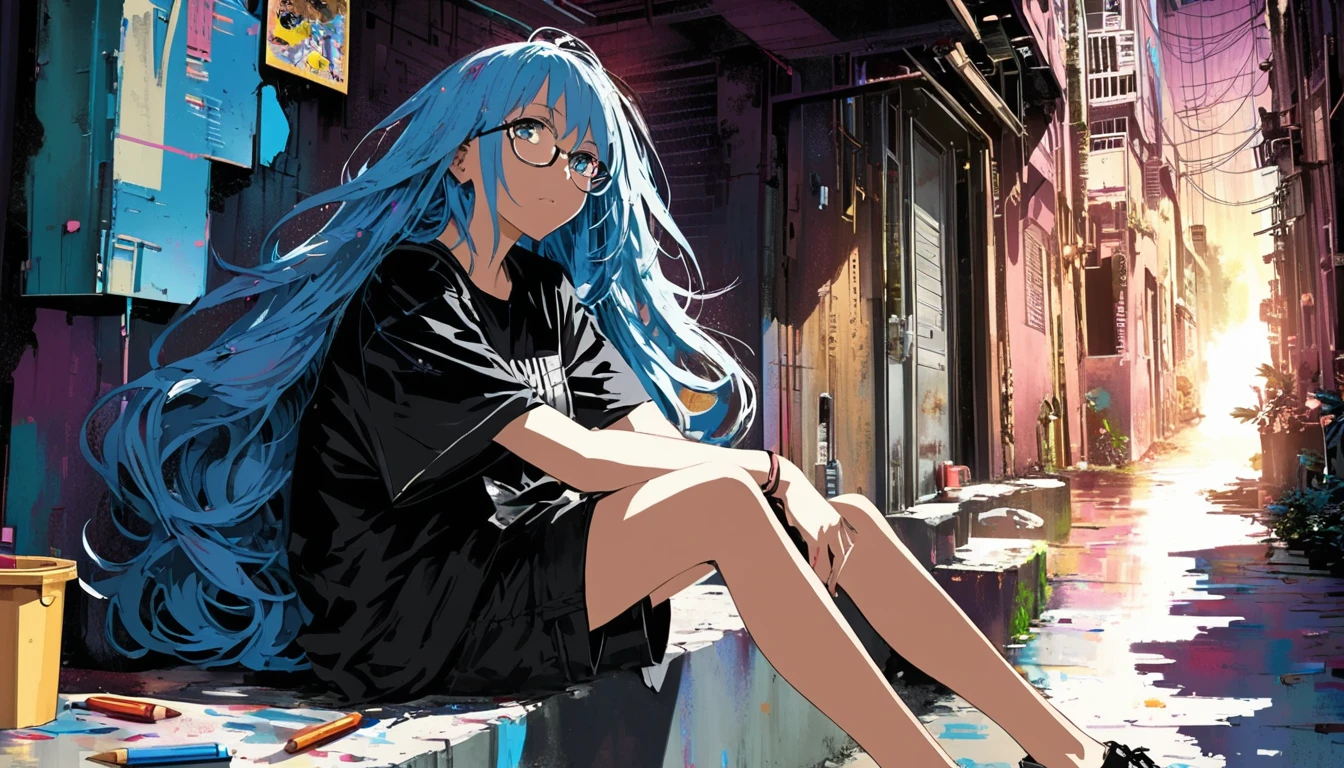 Super detailed:1.3, (Absurd, texture, masterpiece), pixiv Contest Winner, John Berkey, Dynamic cartoon style illustration of a girl wearing glasses,Sitting with legs crossed, Starry sky inner hair,Dark aesthetic,Euphoric,Oversized T-shirt,Black shorts,Beautiful woman,Old alley background, Dozing off,Crayon colored Zentangle,overview,Anime key visual,